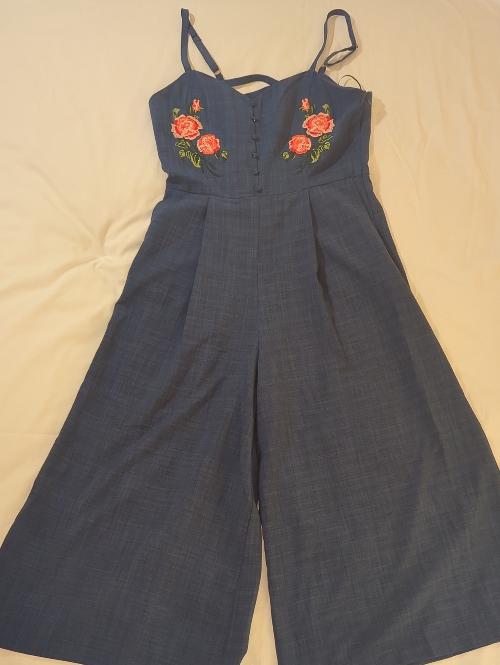 Blue Embroidered Wide-Leg Jumpsuit